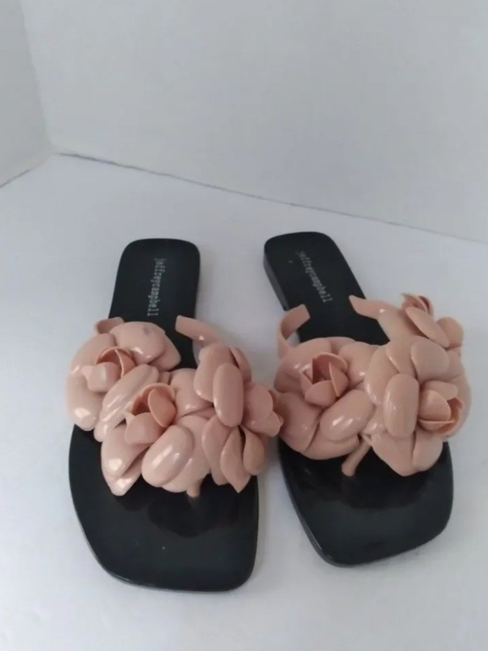 Jeffrey Campbell Black Slides with Blush Floral Appliqués